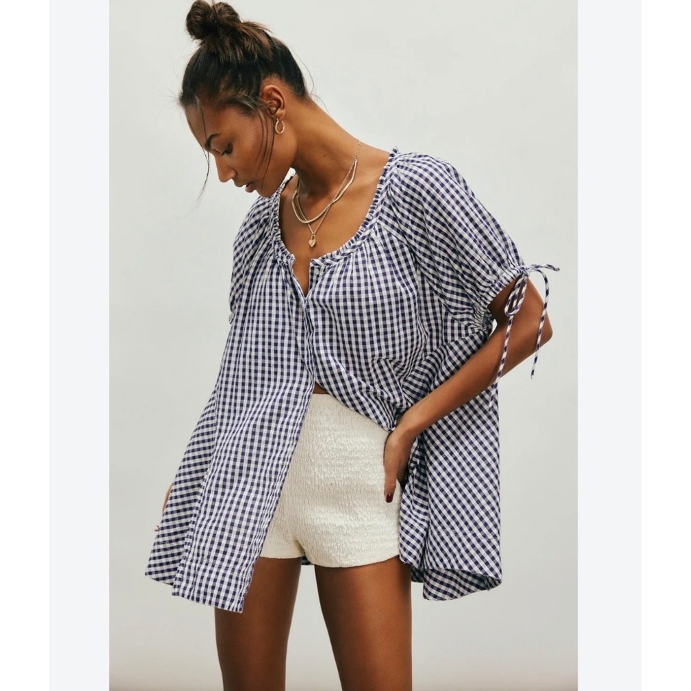 Free People Gingham Button Down Top Navy Blue White Puff Sleeve Tie Cuff Small